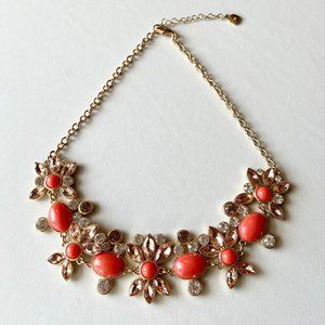 Coral Colored Lucite Cabochon Rhinestone Statement Gold Tone Costume Necklace